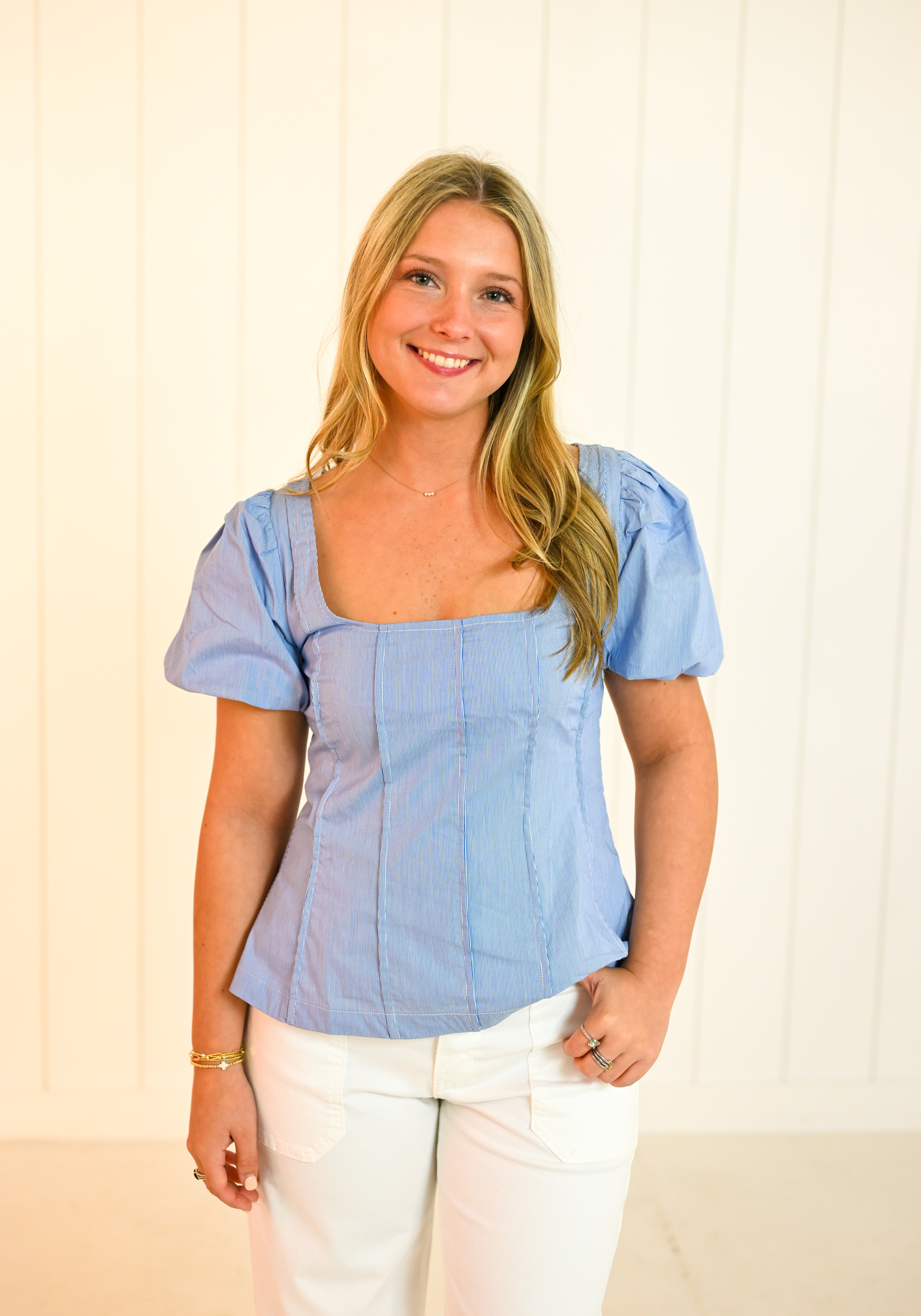 Blue Square Neck Puff Sleeve Top