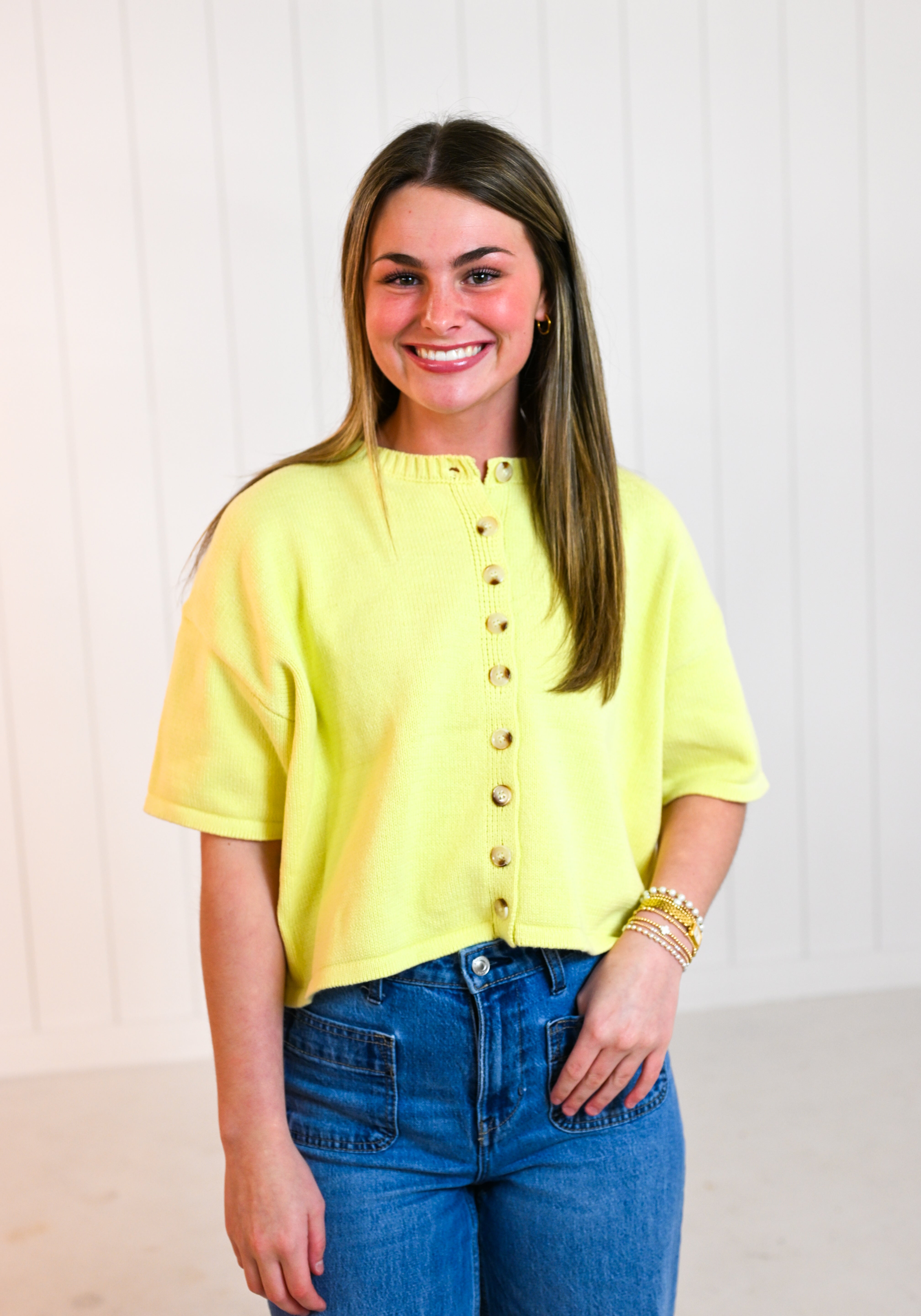 Yellow Button Up Short Sleeve Sweater