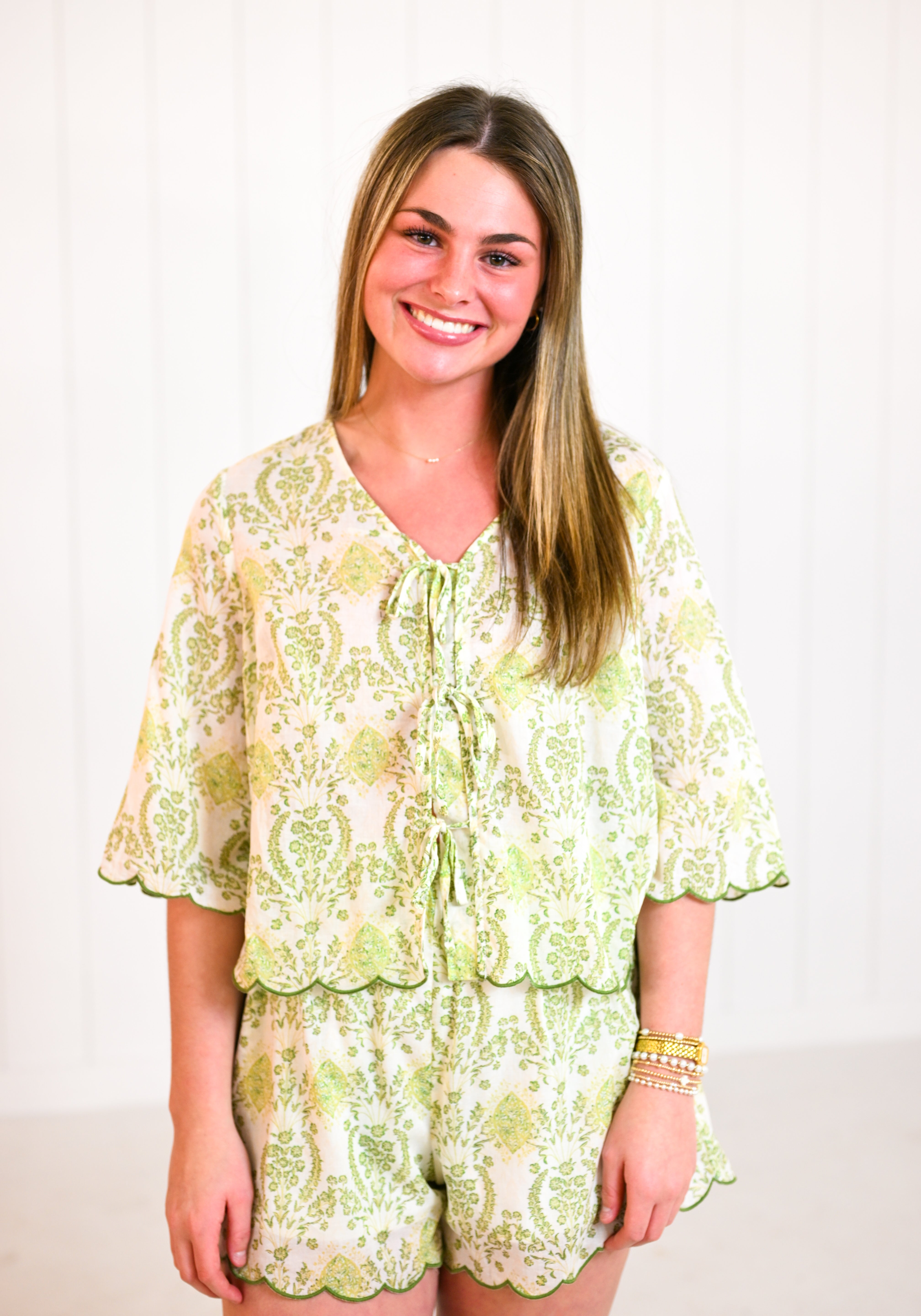 Green Floral Scallop Hem Set