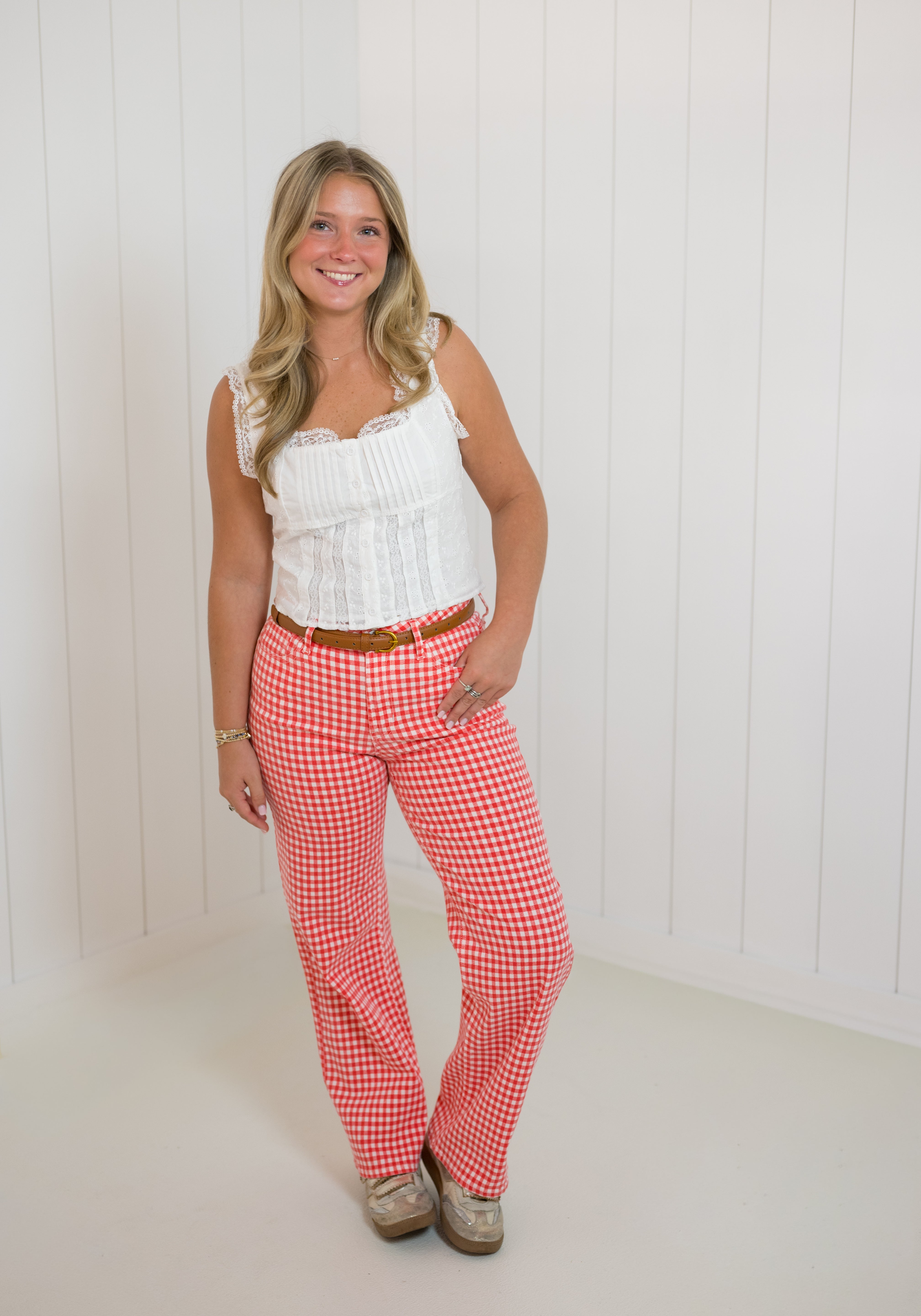 Red Gingham High Rise Full Length Straight