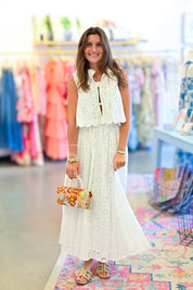 Eyelet Lace Self Tie Blouse And Midi Skirt Set