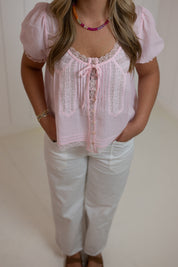 Pink Lace Trim Blouse