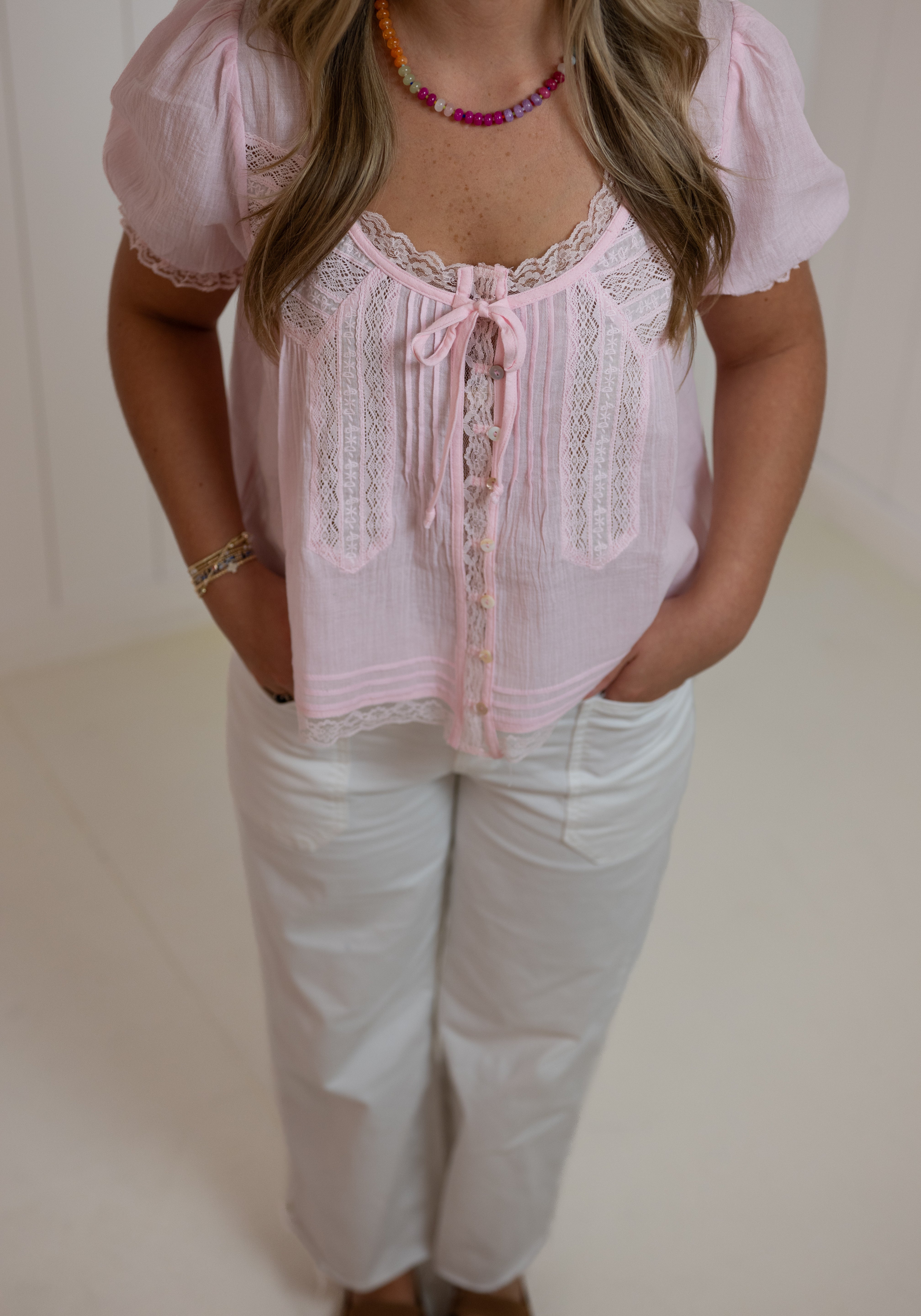 Pink Lace Trim Blouse