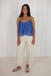 Blue V-Neck Lace Top