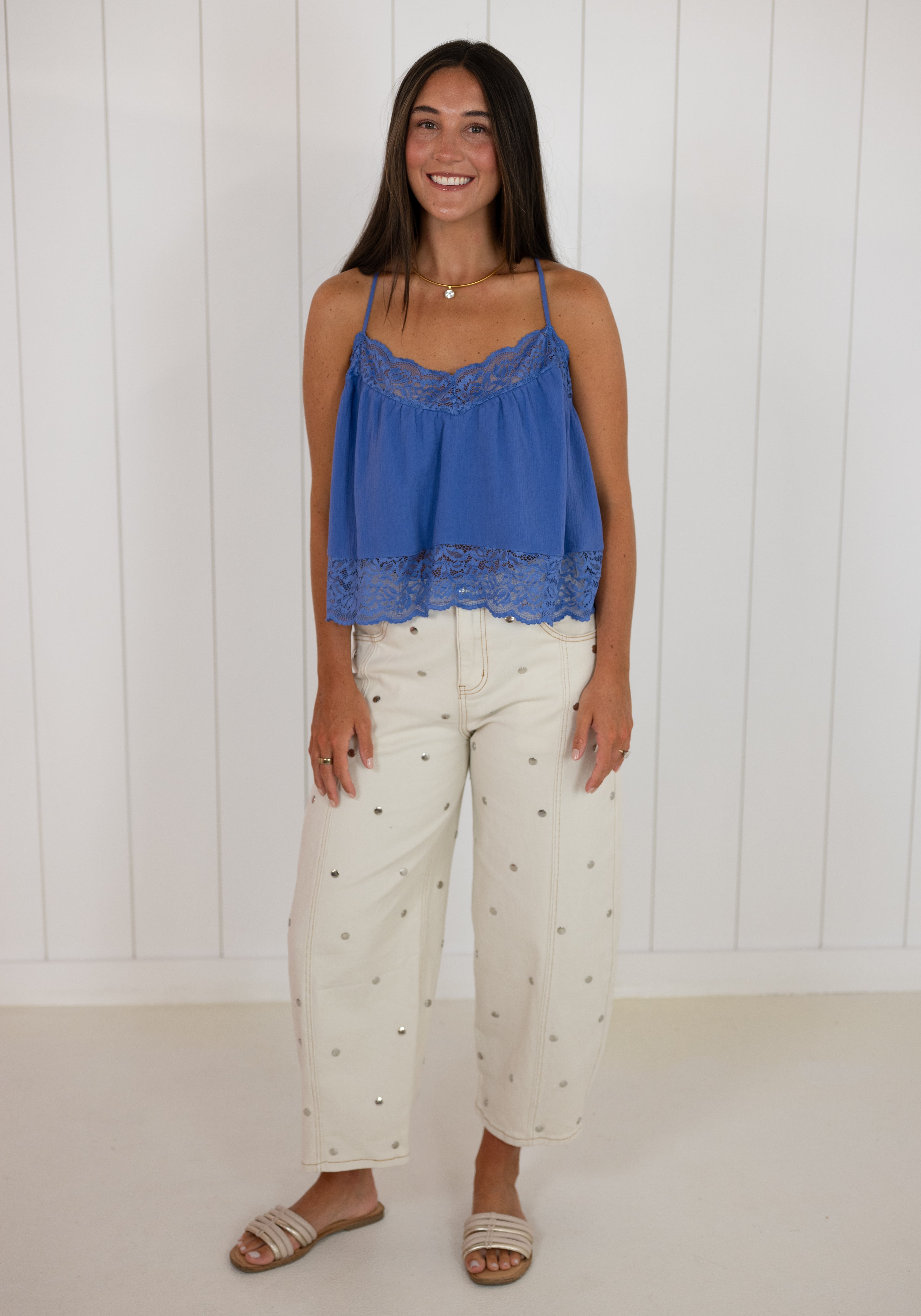 Blue V-Neck Lace Top