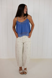 Blue V-Neck Lace Top