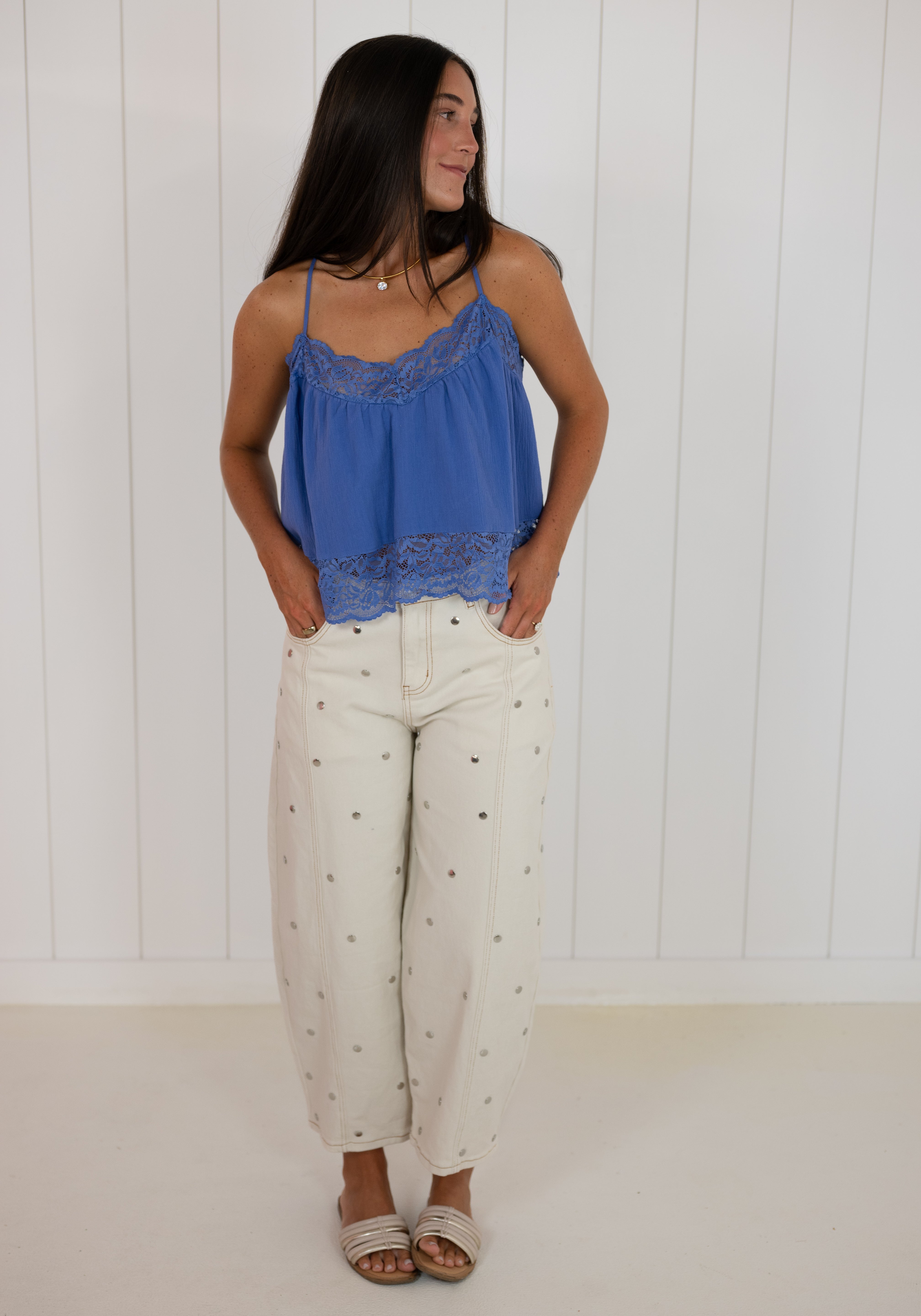 Blue V-Neck Lace Top