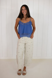 Blue V-Neck Lace Top