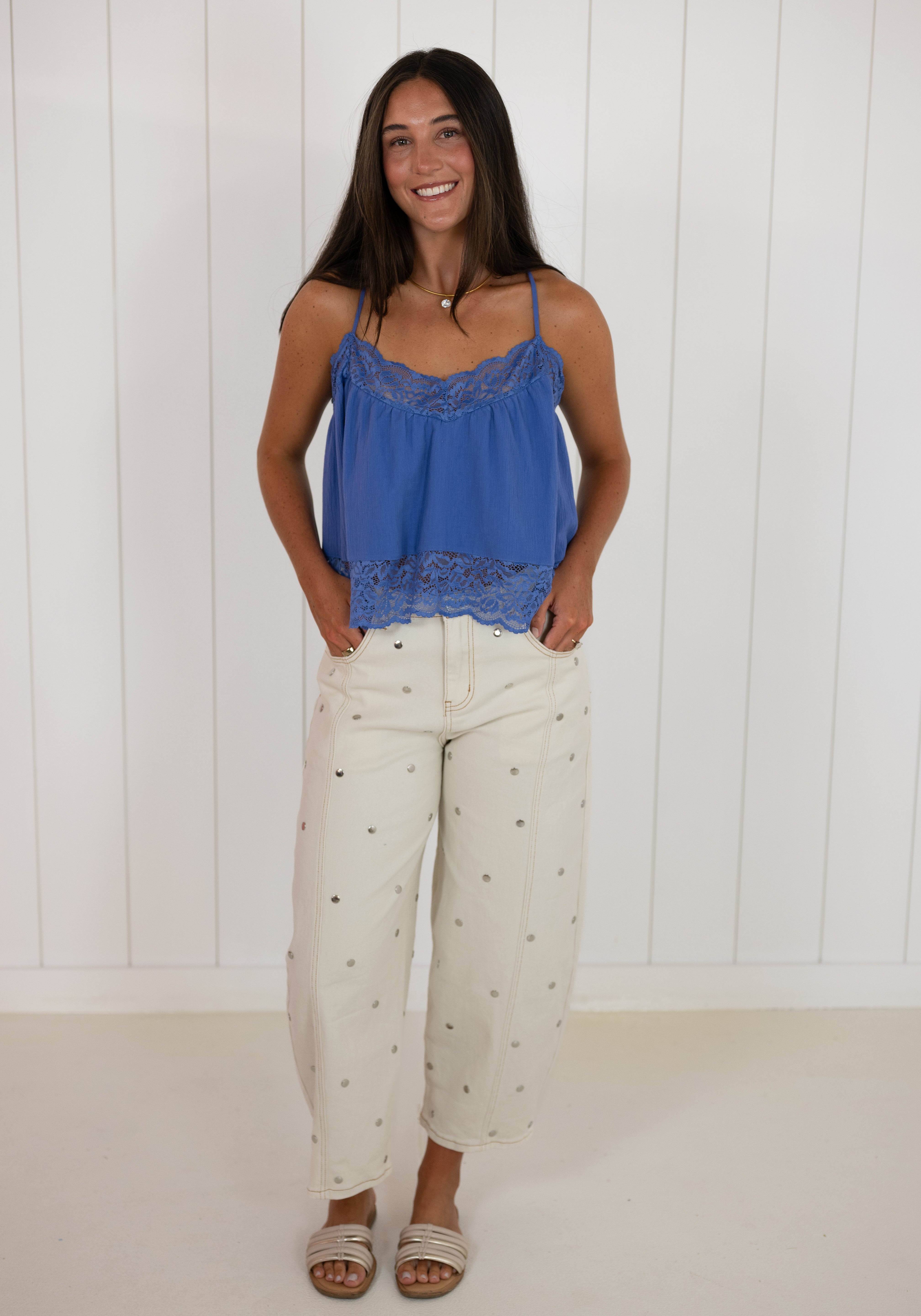 Blue V-Neck Lace Top