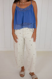 Blue V-Neck Lace Top
