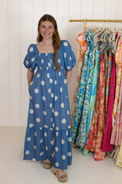 Blue Polka Dot Puff Sleeve Dress