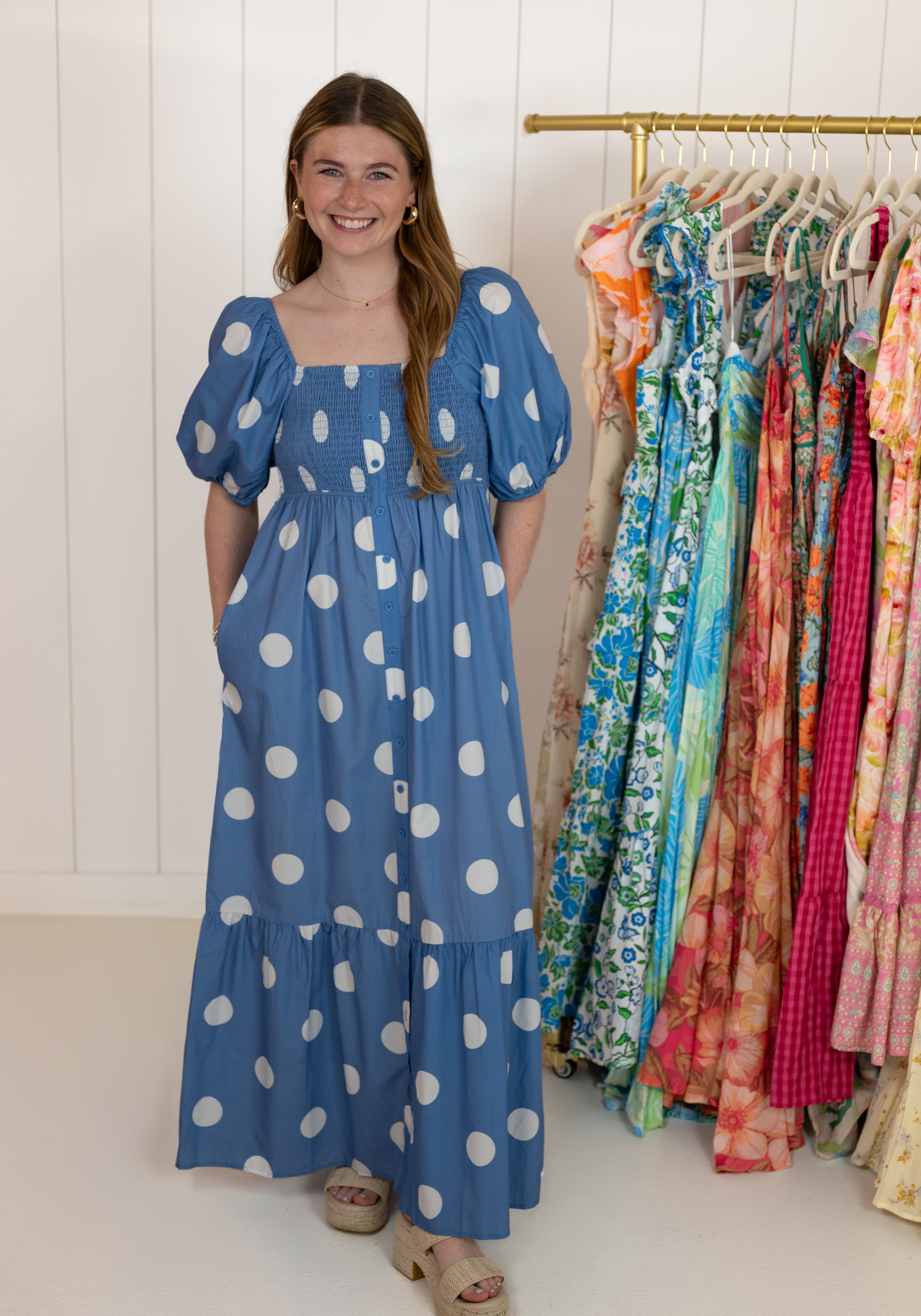 Blue Polka Dot Puff Sleeve Dress