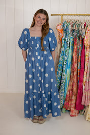 Blue Polka Dot Puff Sleeve Dress
