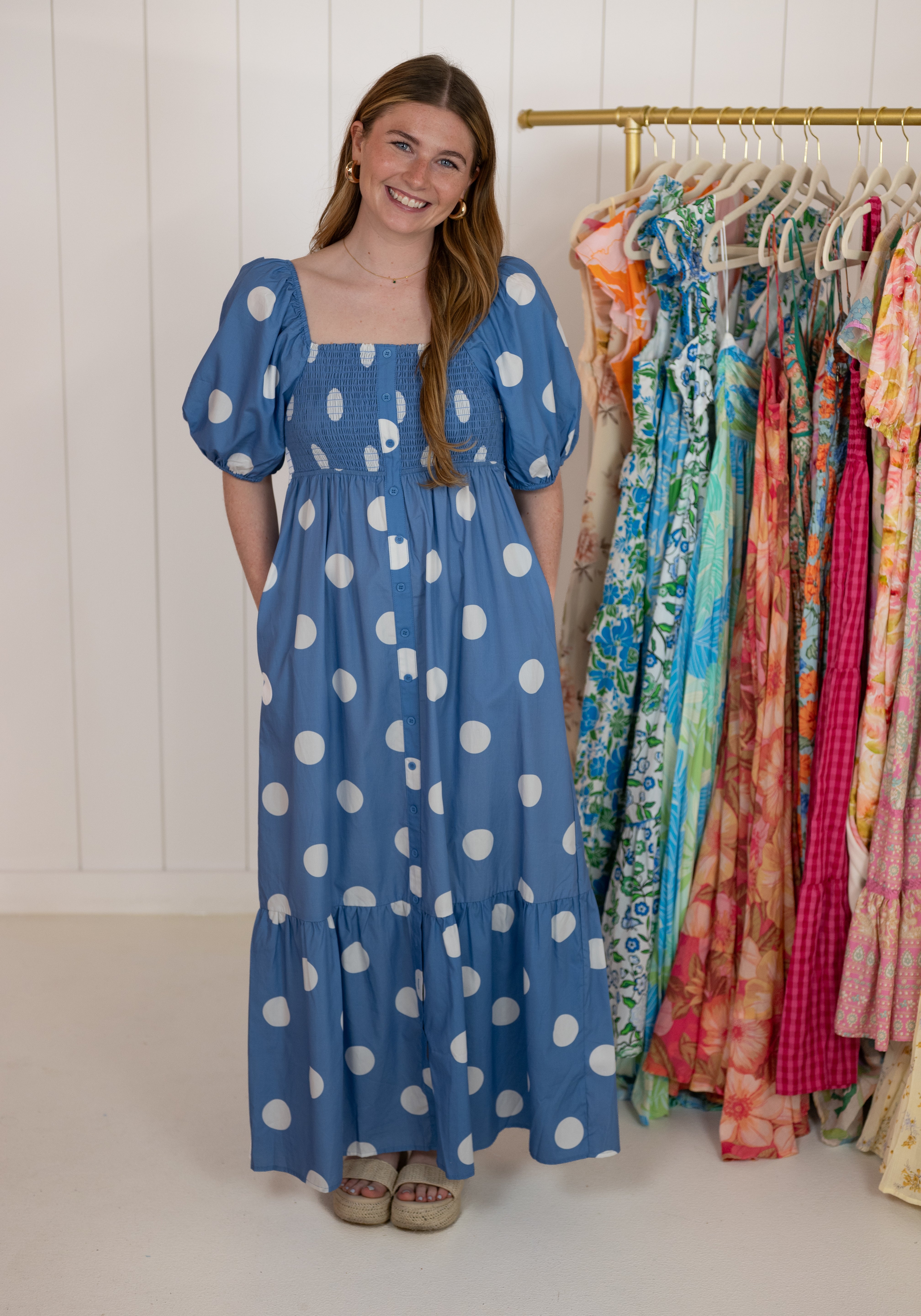 Blue Polka Dot Puff Sleeve Dress