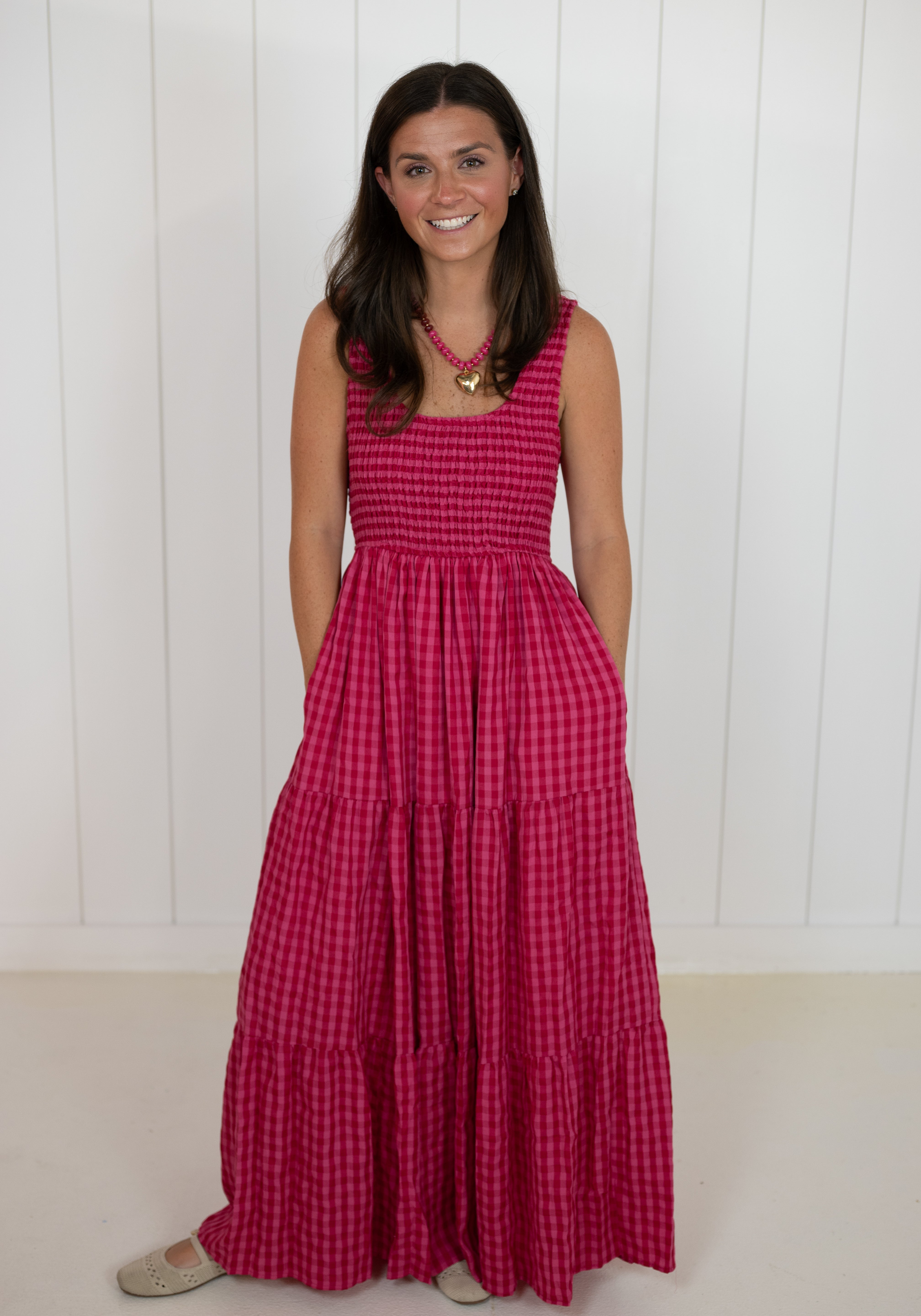 Pink Smocked Gingham Maxi Dress
