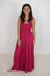 Pink Smocked Gingham Maxi Dress