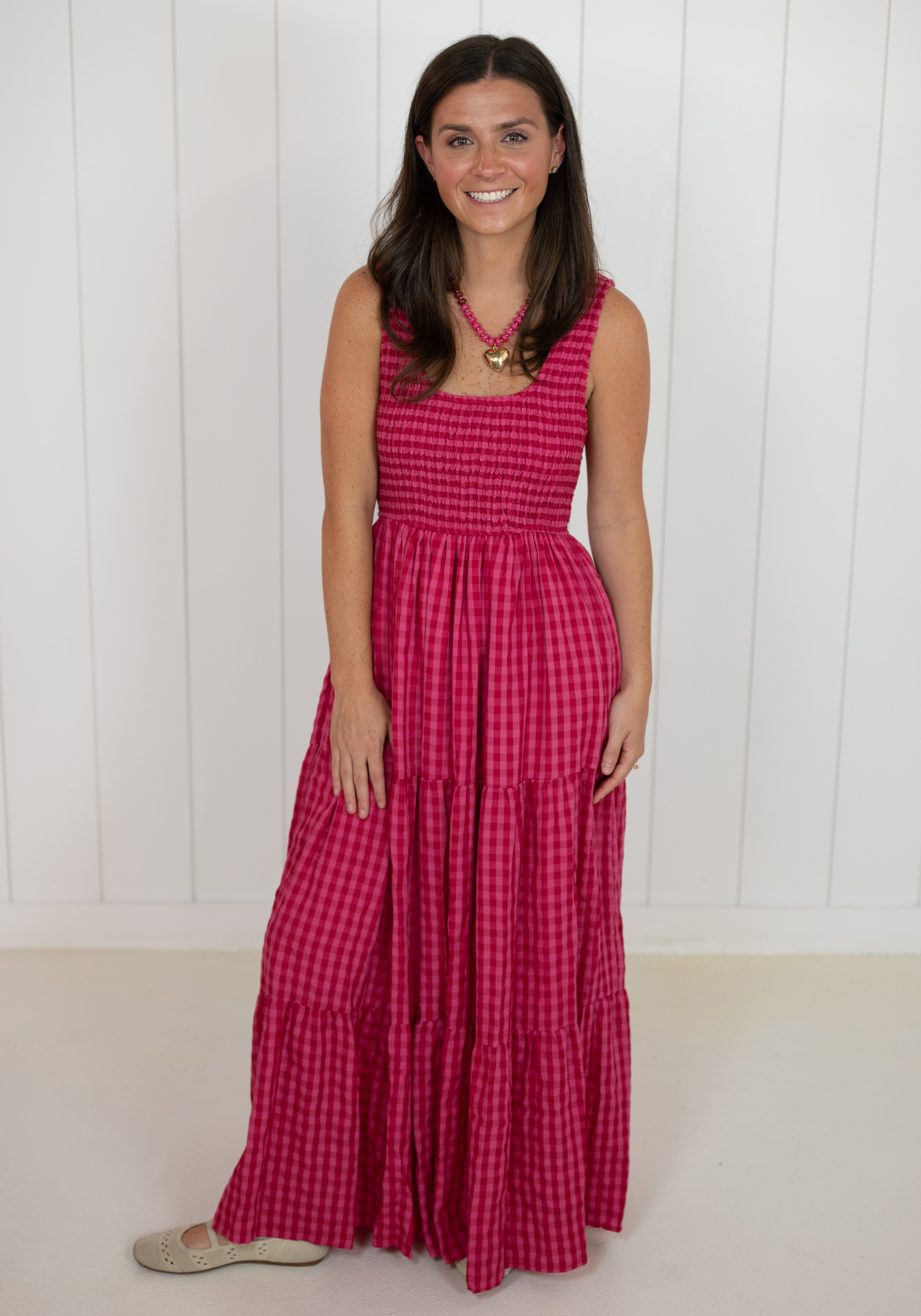 Pink Smocked Gingham Maxi Dress