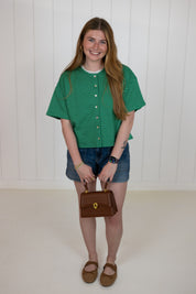 Green Boxy Striped Button Knit Top