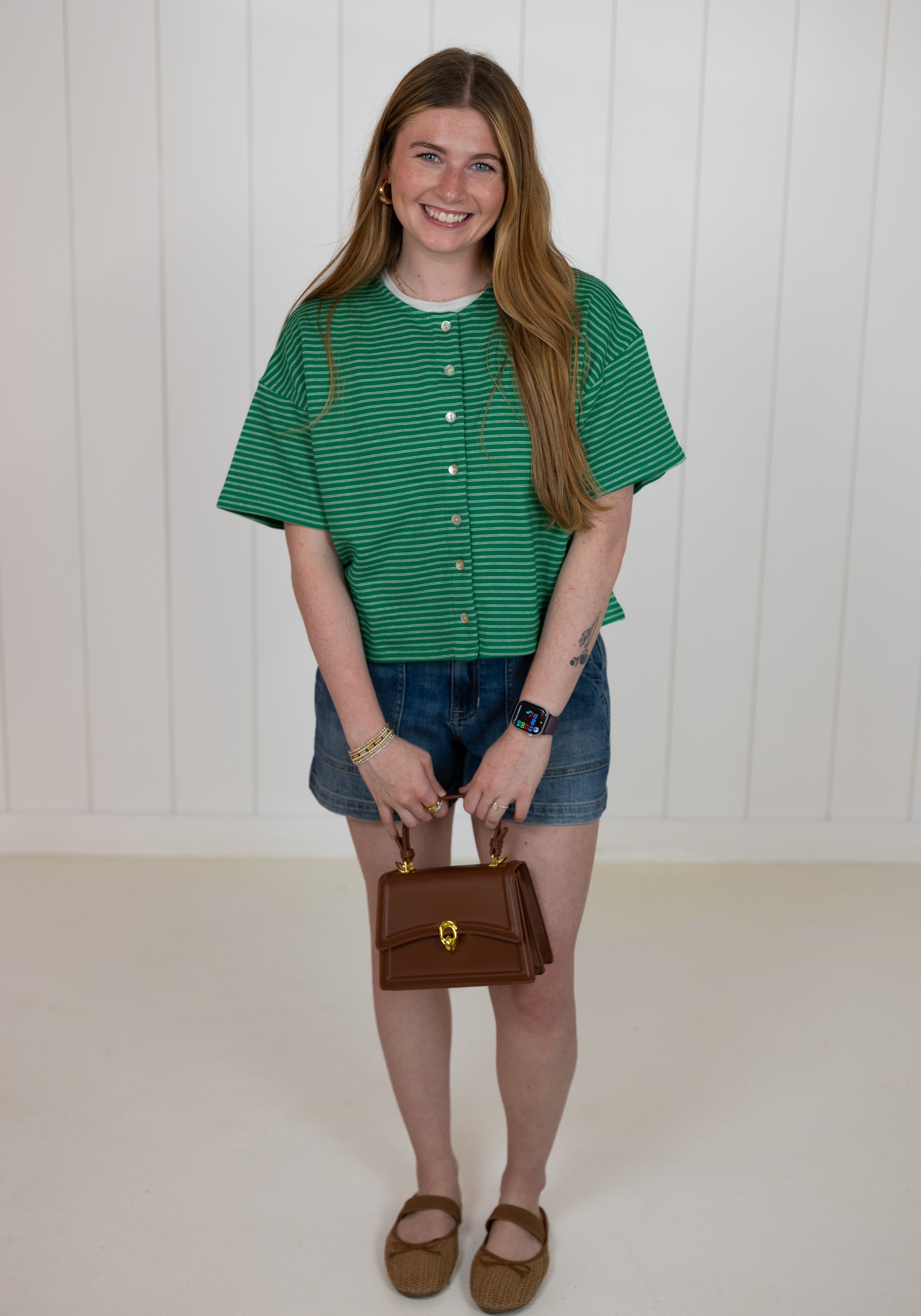 Green Boxy Striped Button Knit Top