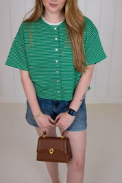 Green Boxy Striped Button Knit Top