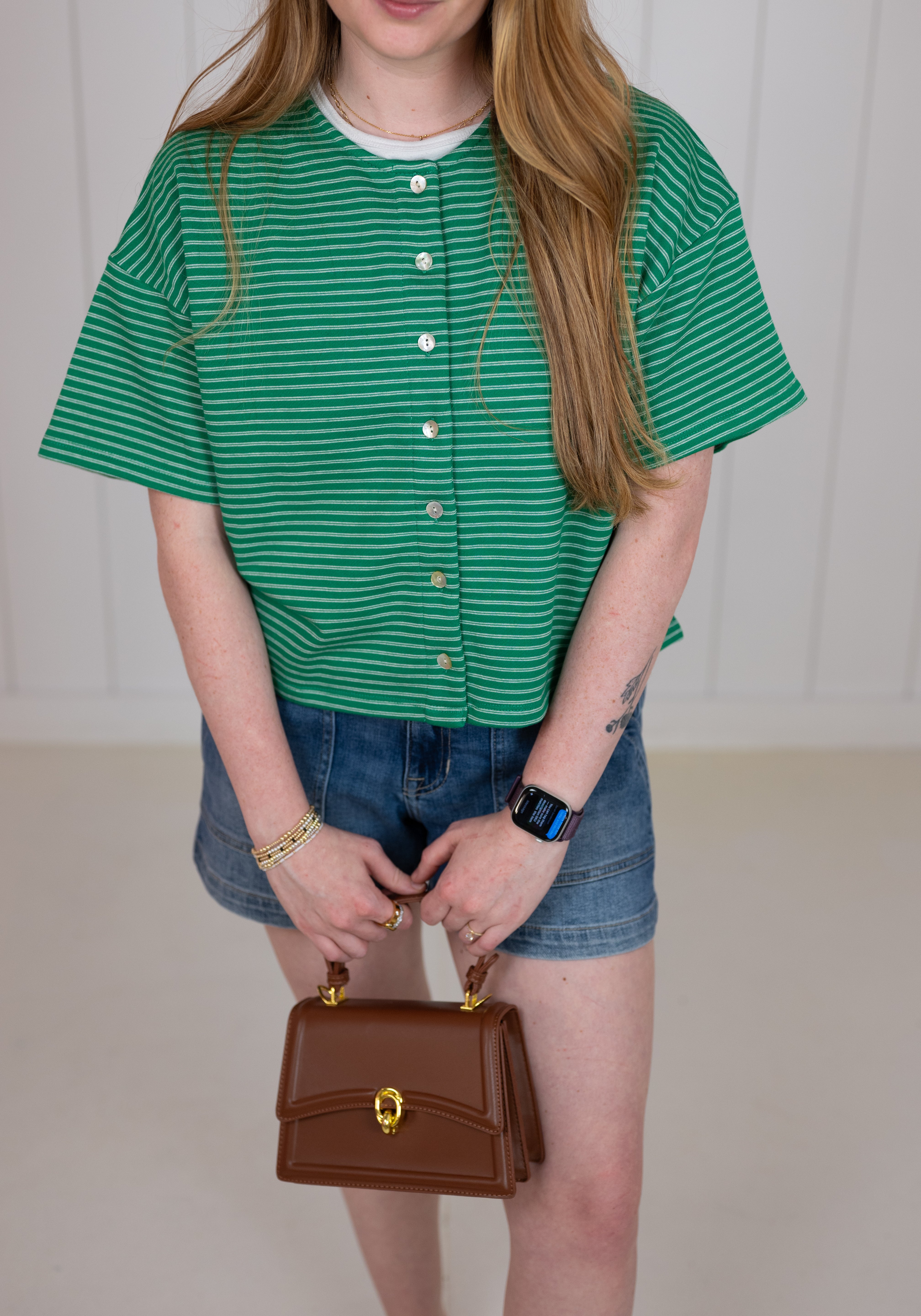 Green Boxy Striped Button Knit Top