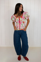Red Floral Contrast Trim Puff Sleeve Top