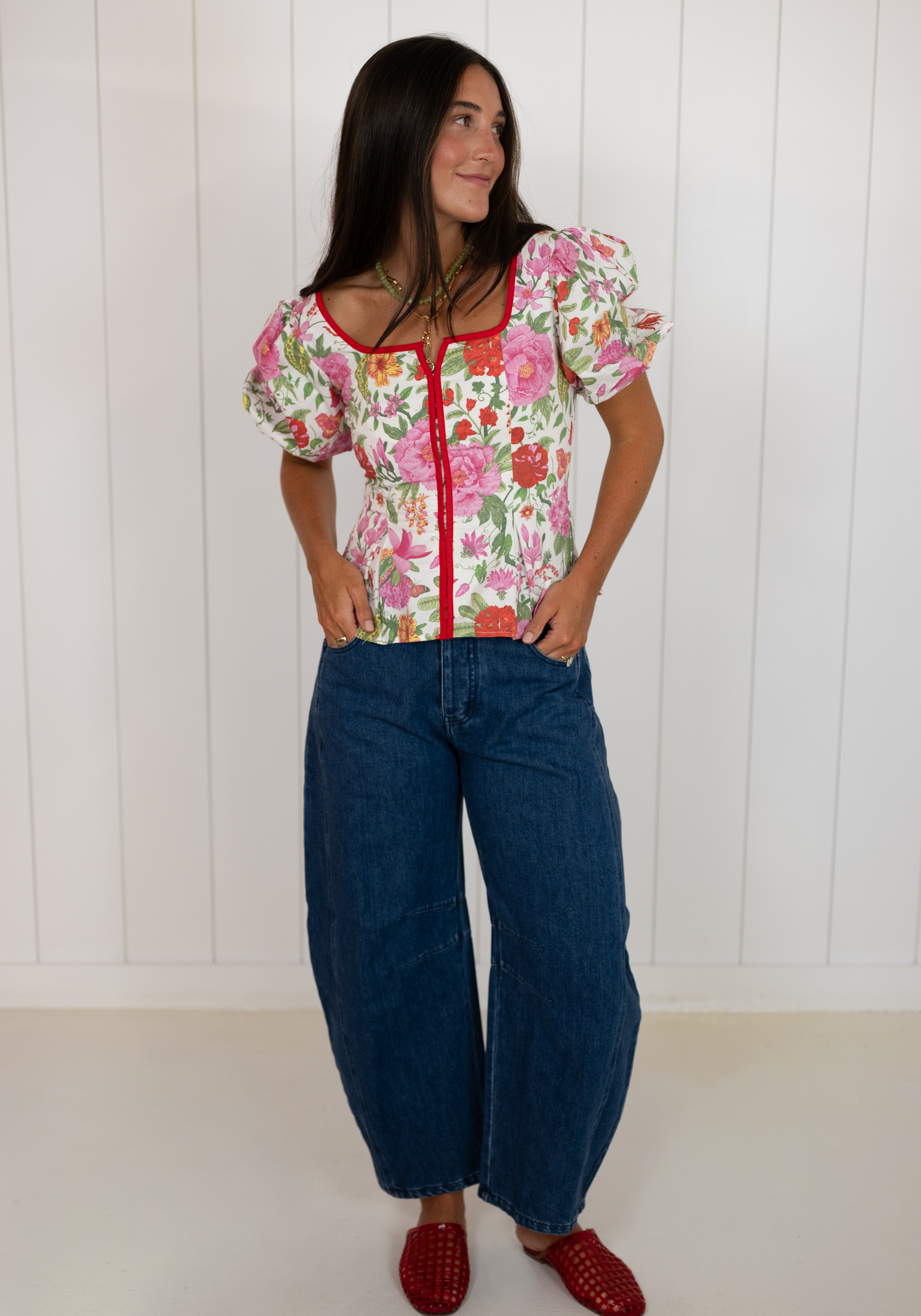 Red Floral Contrast Trim Puff Sleeve Top