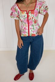 Red Floral Contrast Trim Puff Sleeve Top