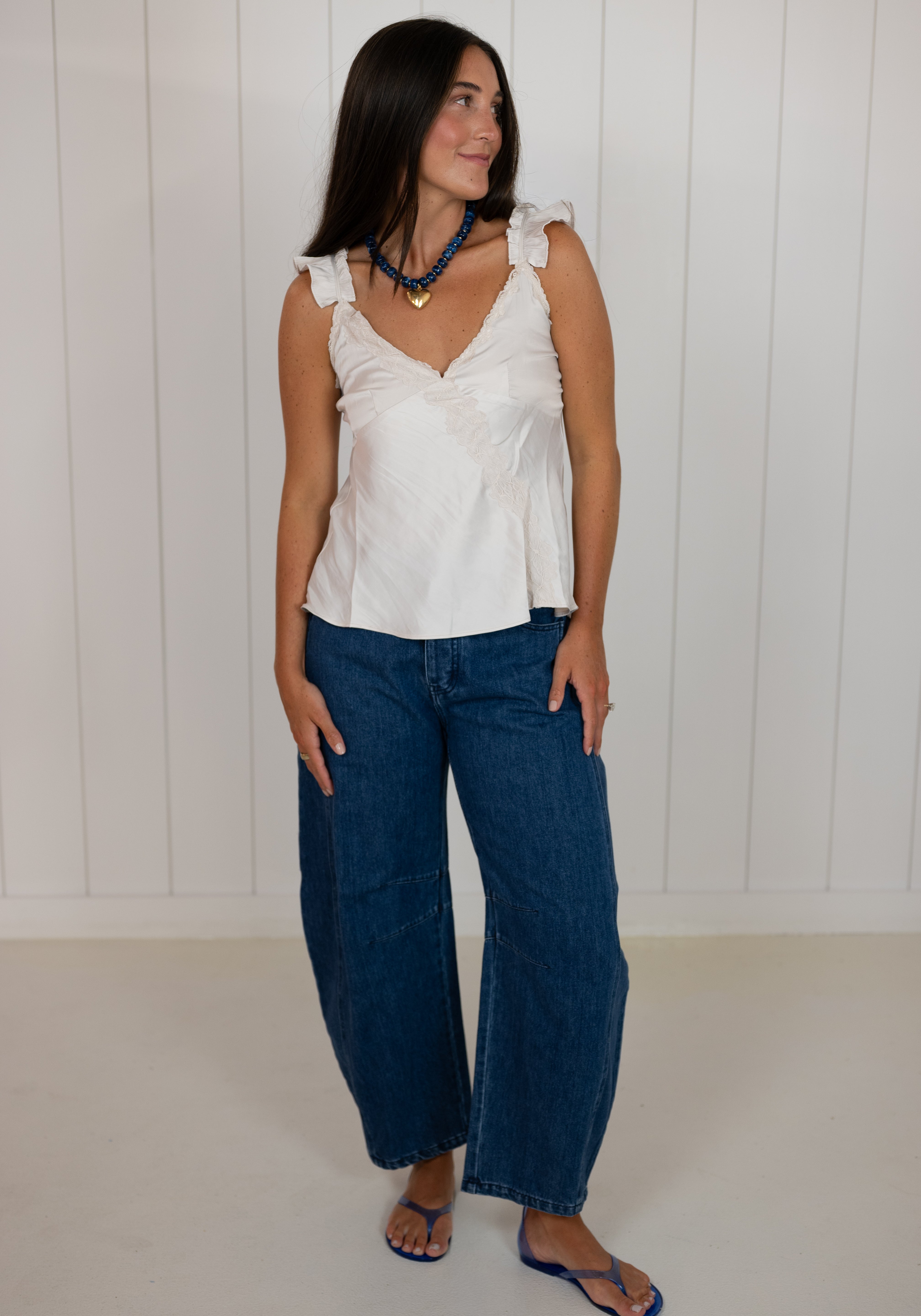 Silver Satin Lace Trim Detail V-Neck Cami