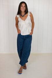 Silver Satin Lace Trim Detail V-Neck Cami