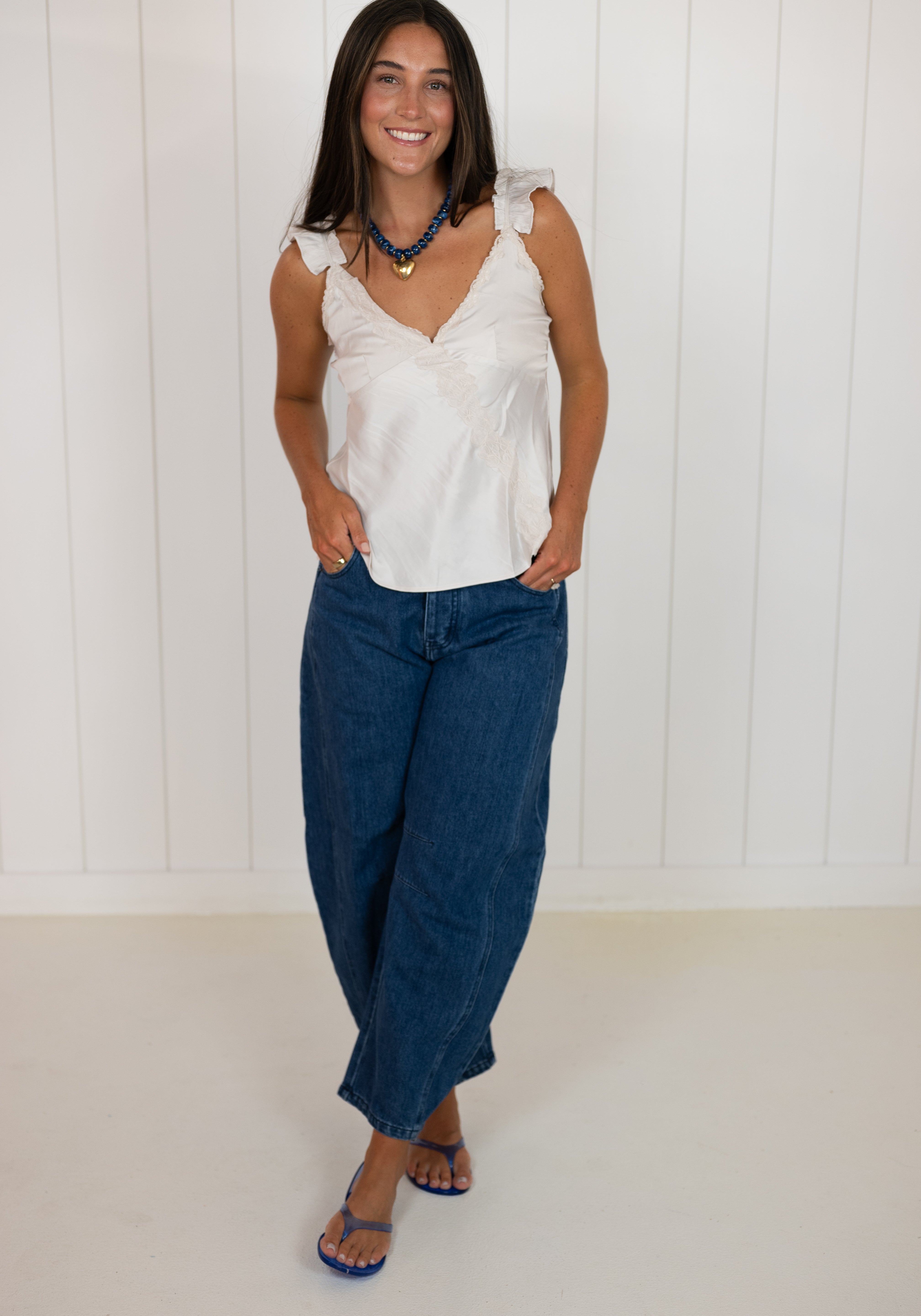 Silver Satin Lace Trim Detail V-Neck Cami