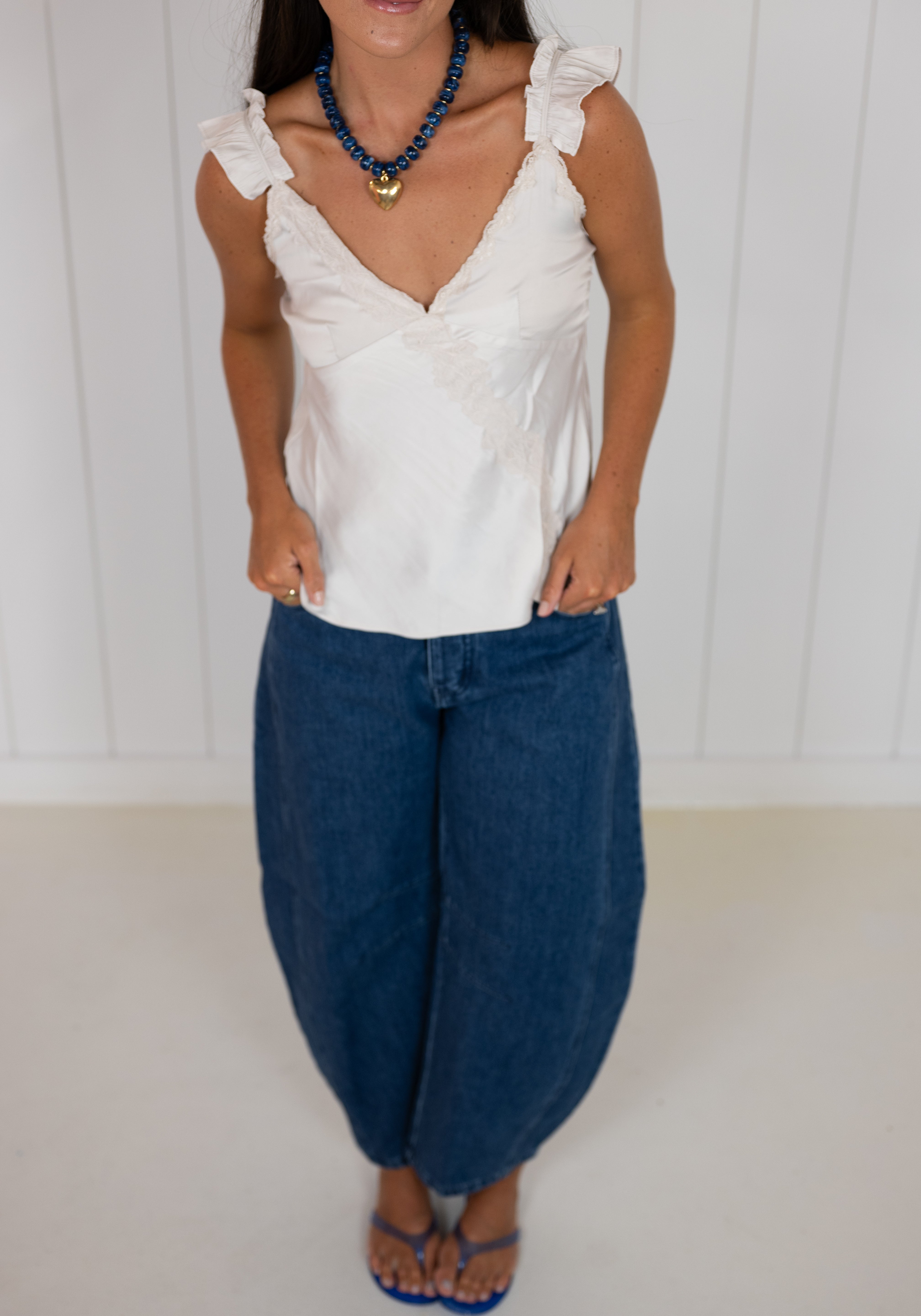Silver Satin Lace Trim Detail V-Neck Cami