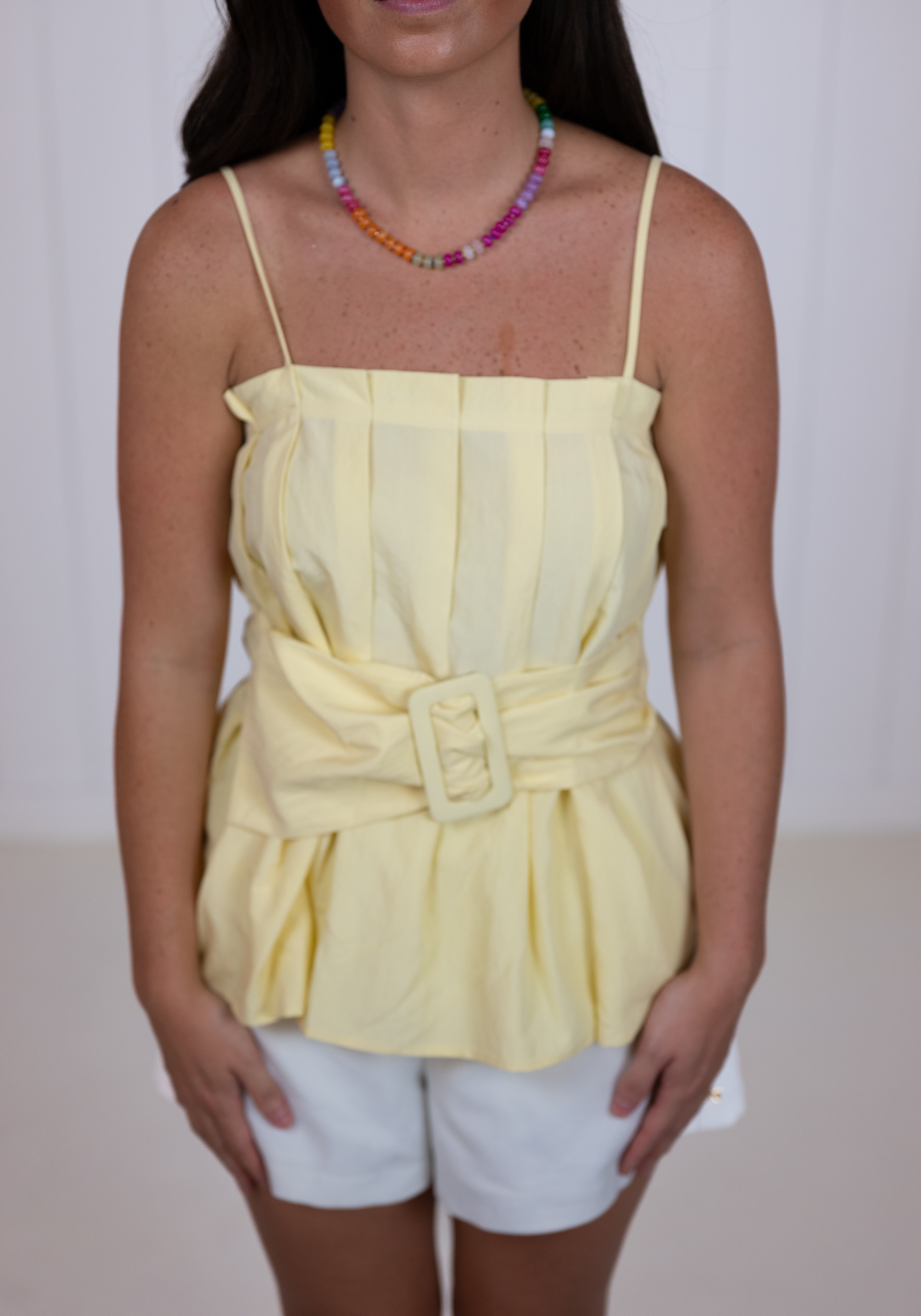Yellow Buckle Pleated Sleeveless Top