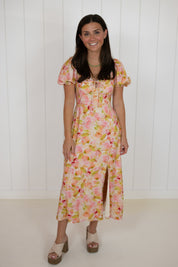Pink Floral Print Sweetheart Midi Dress — floral print and sweetheart neckline