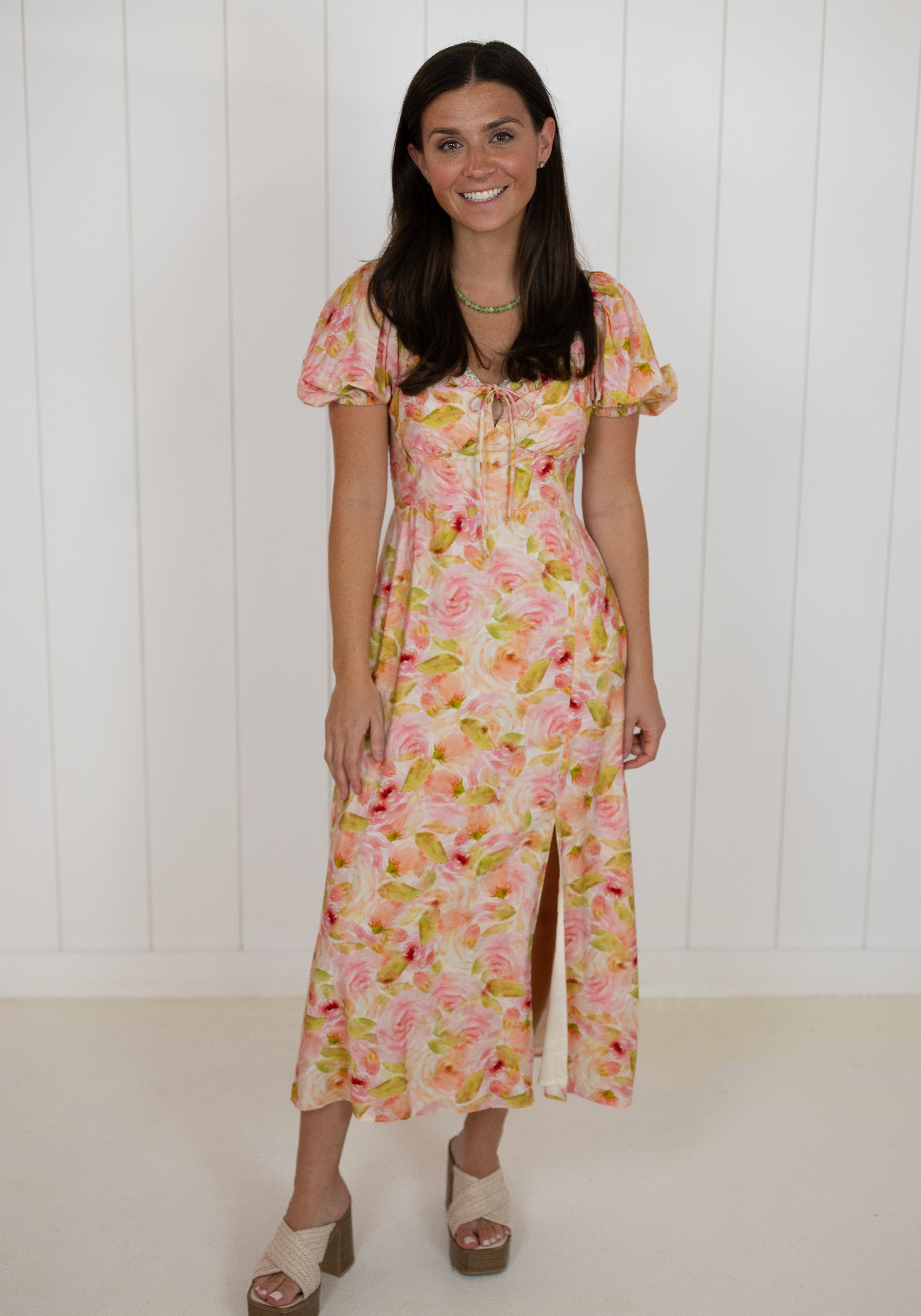 Pink Floral Print Sweetheart Midi Dress