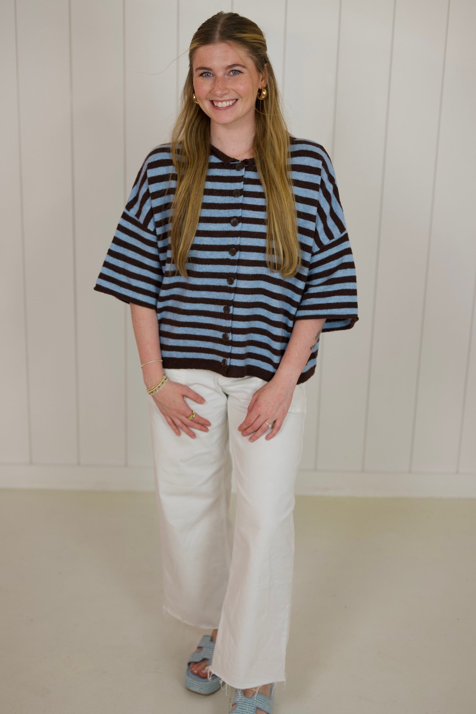 Blue & Brown Stripe Short Cardigan