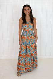 Blue & Orange Blossom Smocked Maxi Dress