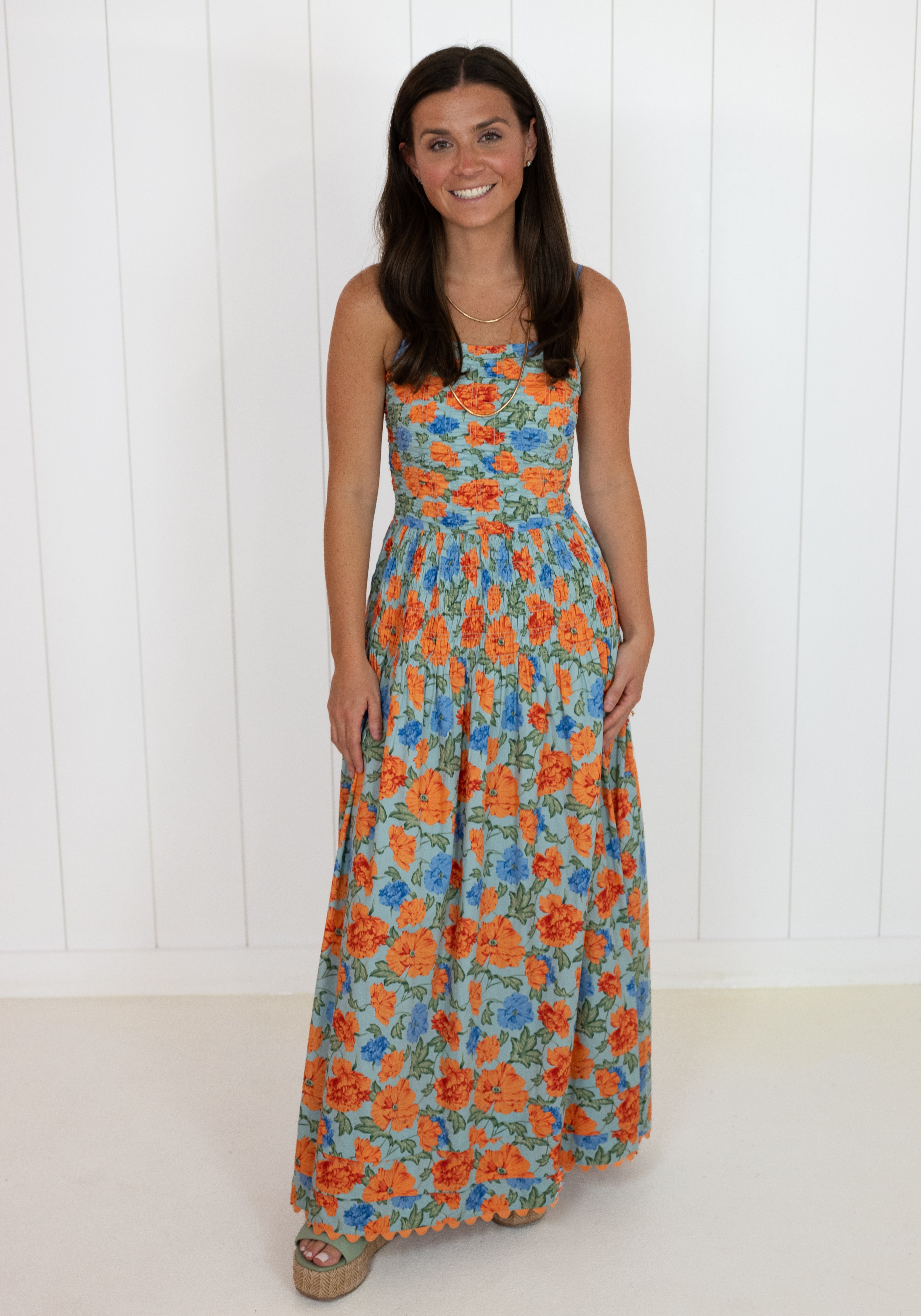 Blue & Orange Blossom Smocked Maxi Dress