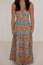 Blue & Orange Blossom Smocked Maxi Dress