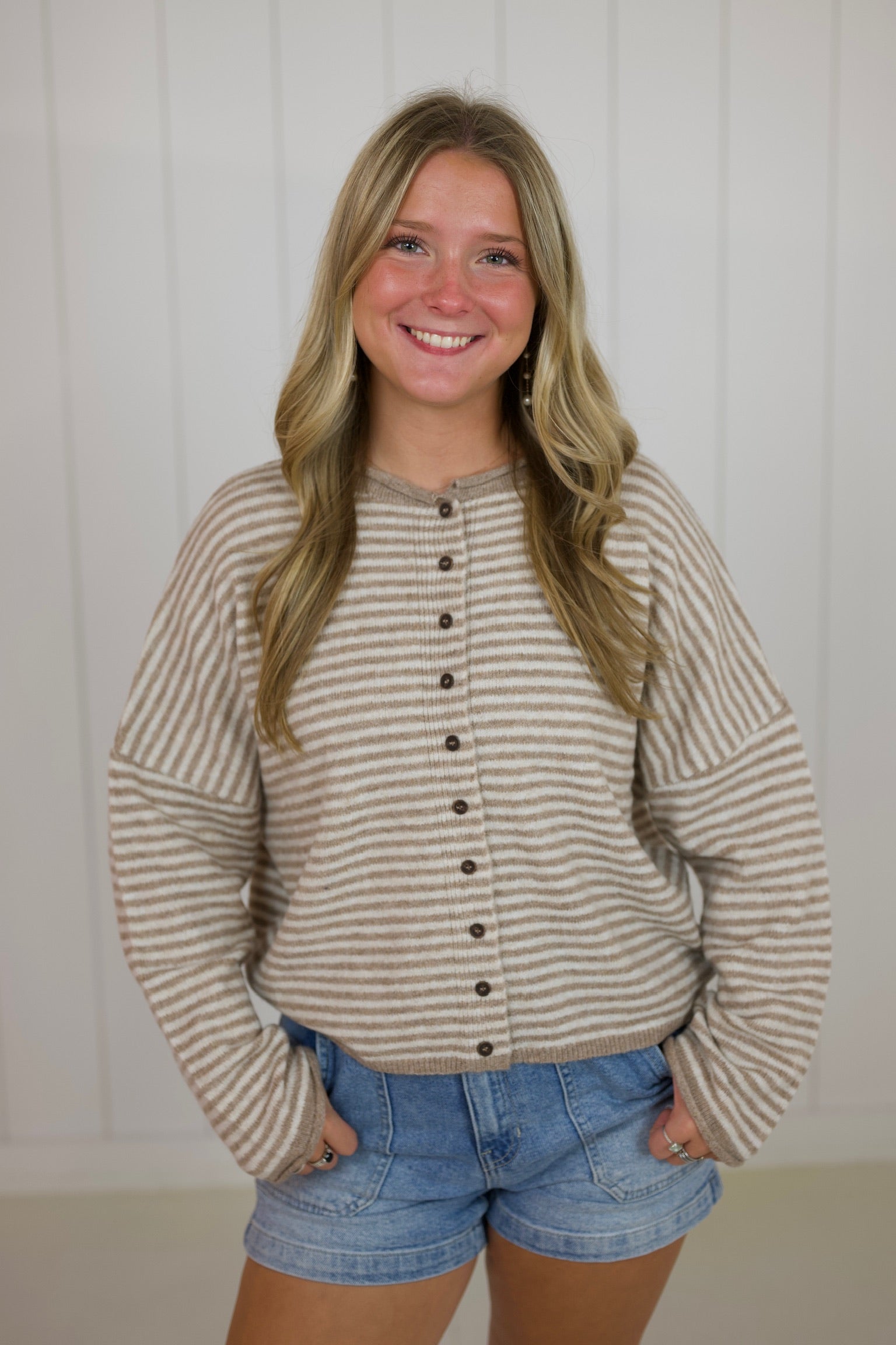 Light Brown Striped Drop Shoulder Knit Cardigan