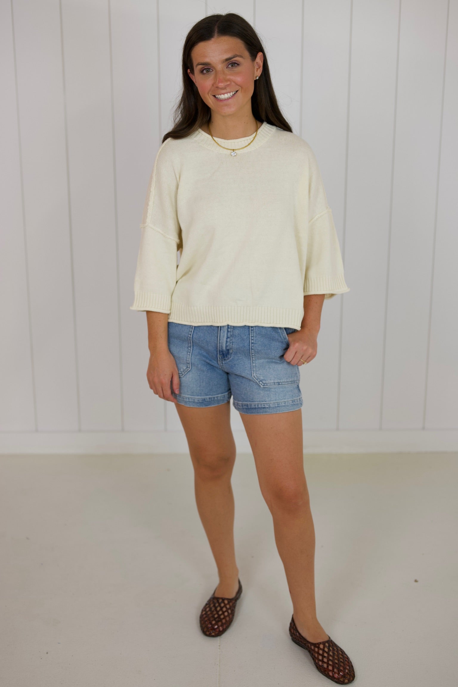 Cream Drop Shoulder Short Sleeve Pullover