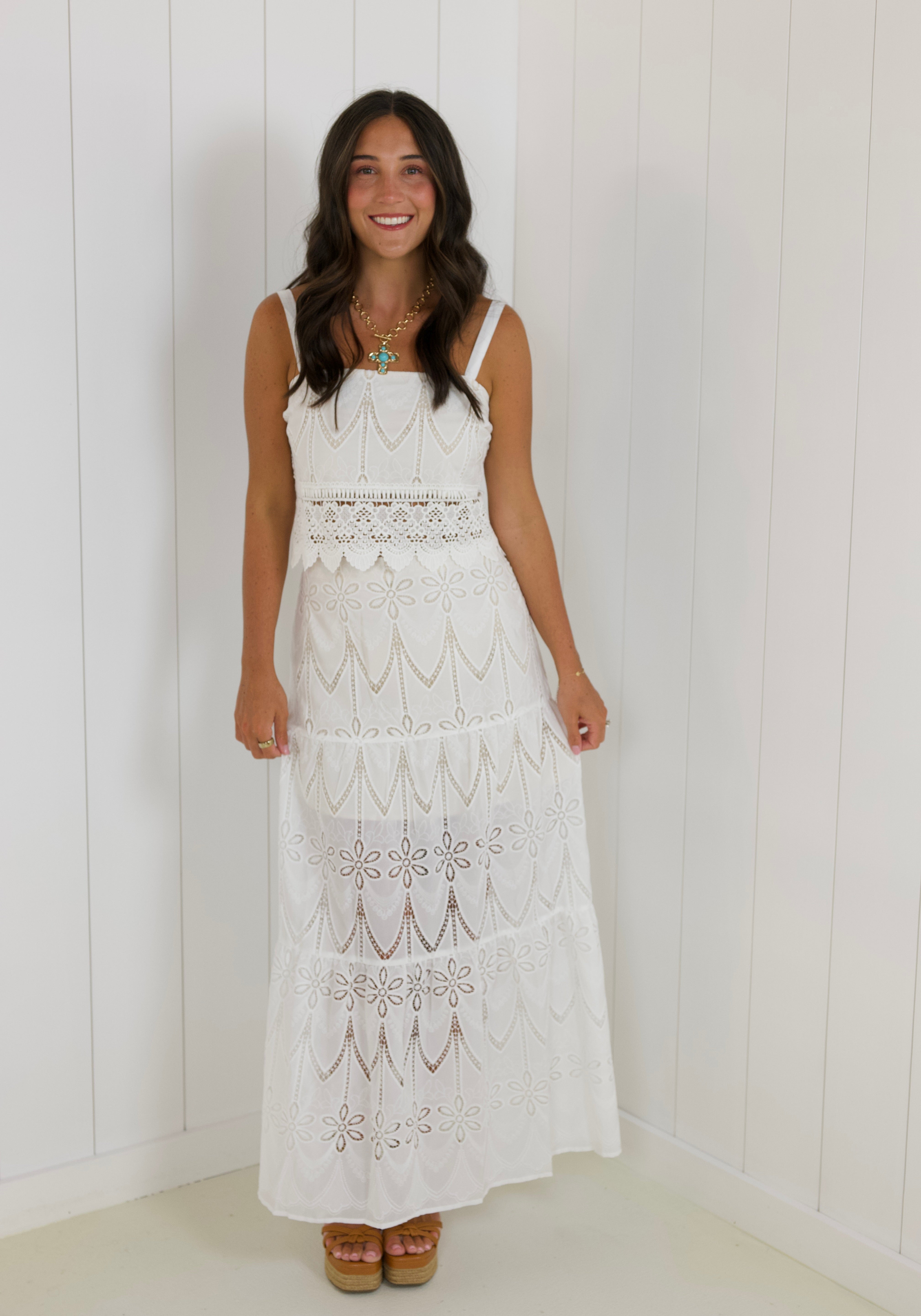 White Embroidered Top And Skirt Set