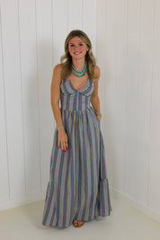Blue Striped Beaded Maxi Dress