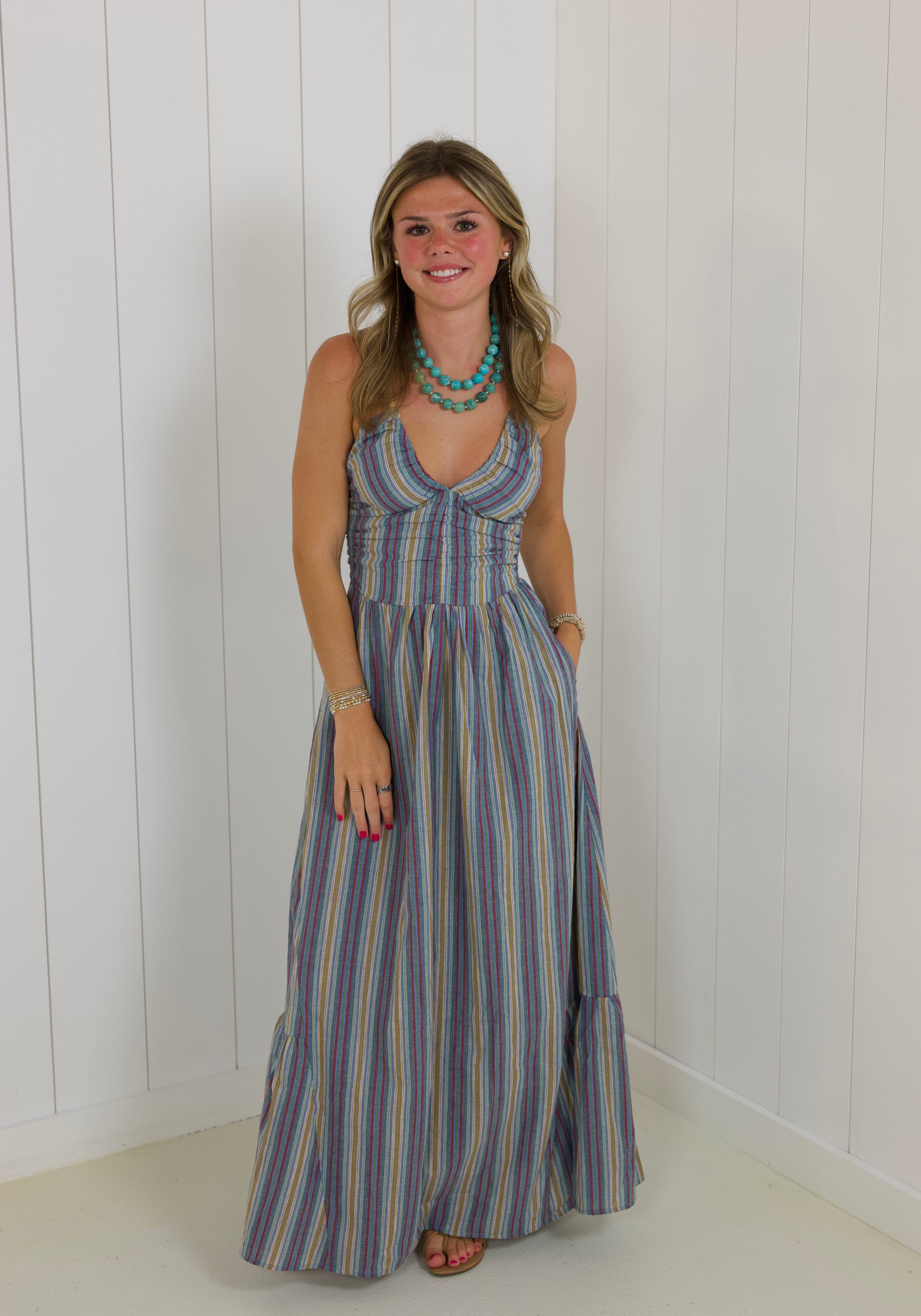 Blue Striped Beaded Maxi Dress