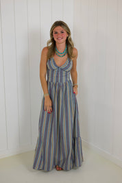 Blue Striped Beaded Maxi Dress