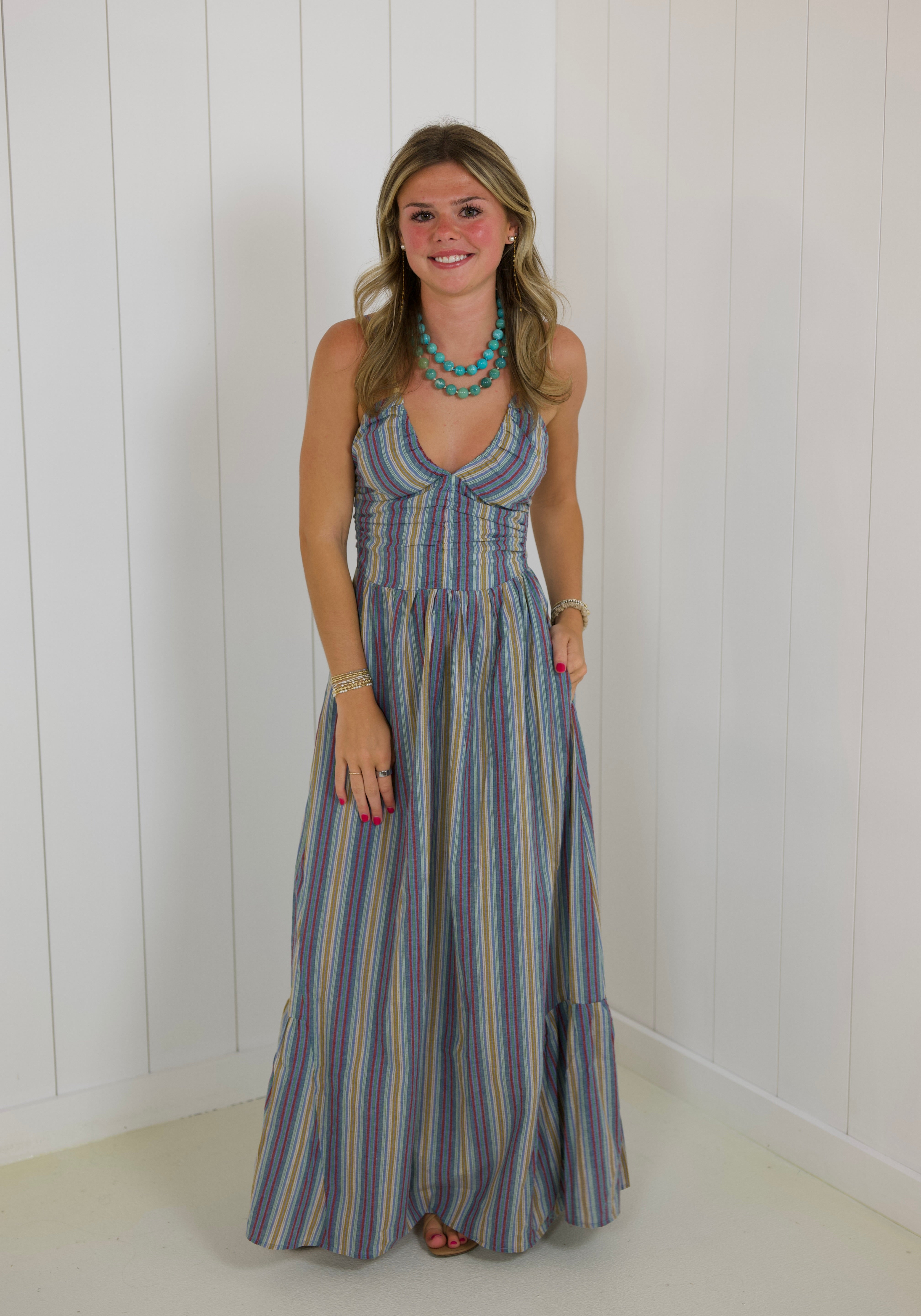 Blue Striped Beaded Maxi Dress