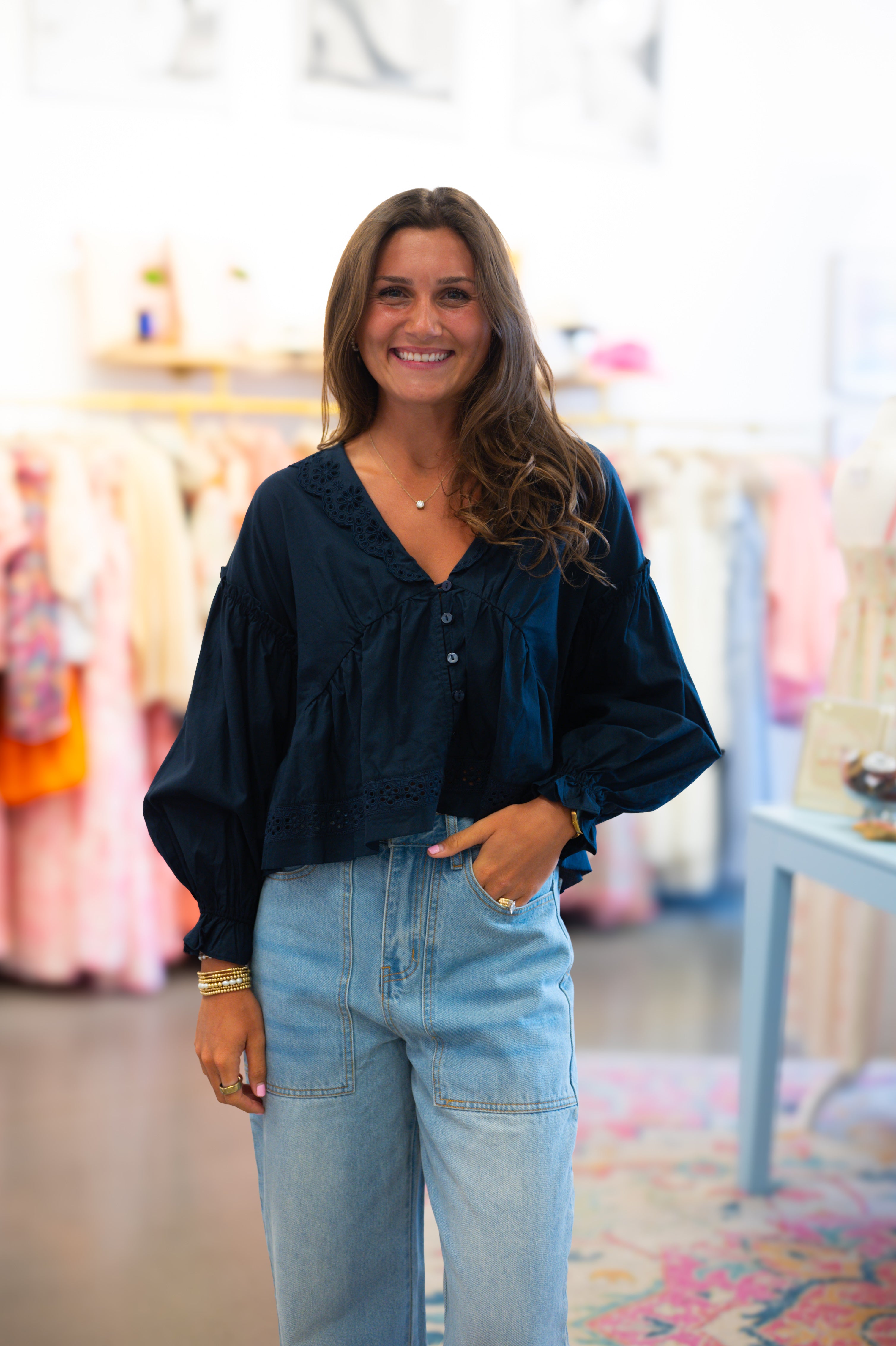 Navy Eyelet Collared Top