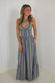 Blue Striped Beaded Maxi Dress