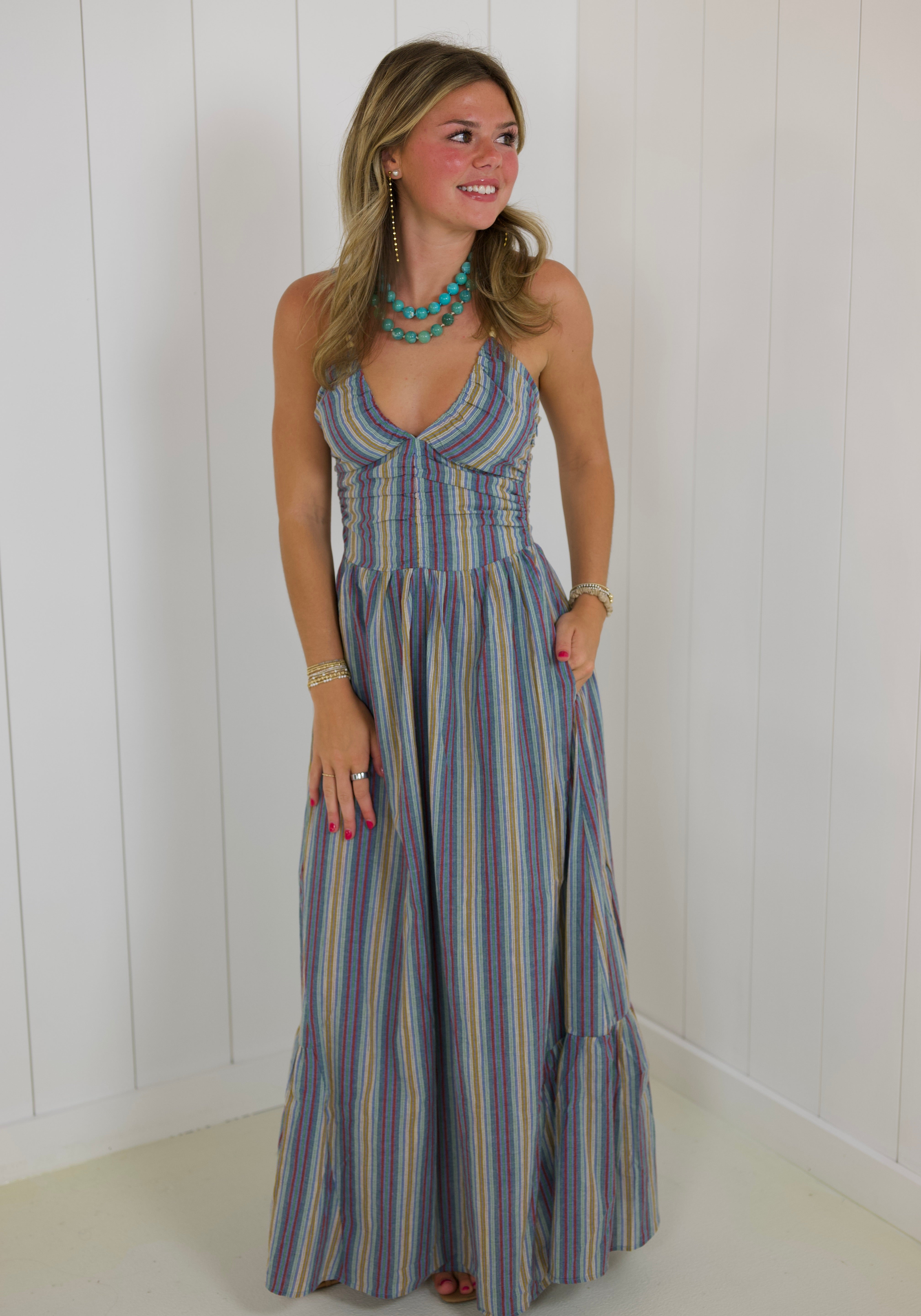 Blue Striped Beaded Maxi Dress