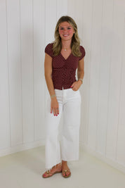 Burgundy Polka Dot V-neck Top
